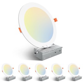 Amico 6 Pack 8 Inch 5CCT Ultra-Thin LED Recessed Ceiling Light with Junction Box, 2700K/3000K/3500K/4000K/5000K Selectable, 18W Eqv 125W 1600LM Brightness Dimmable Canless Wafer Downlight, ETL