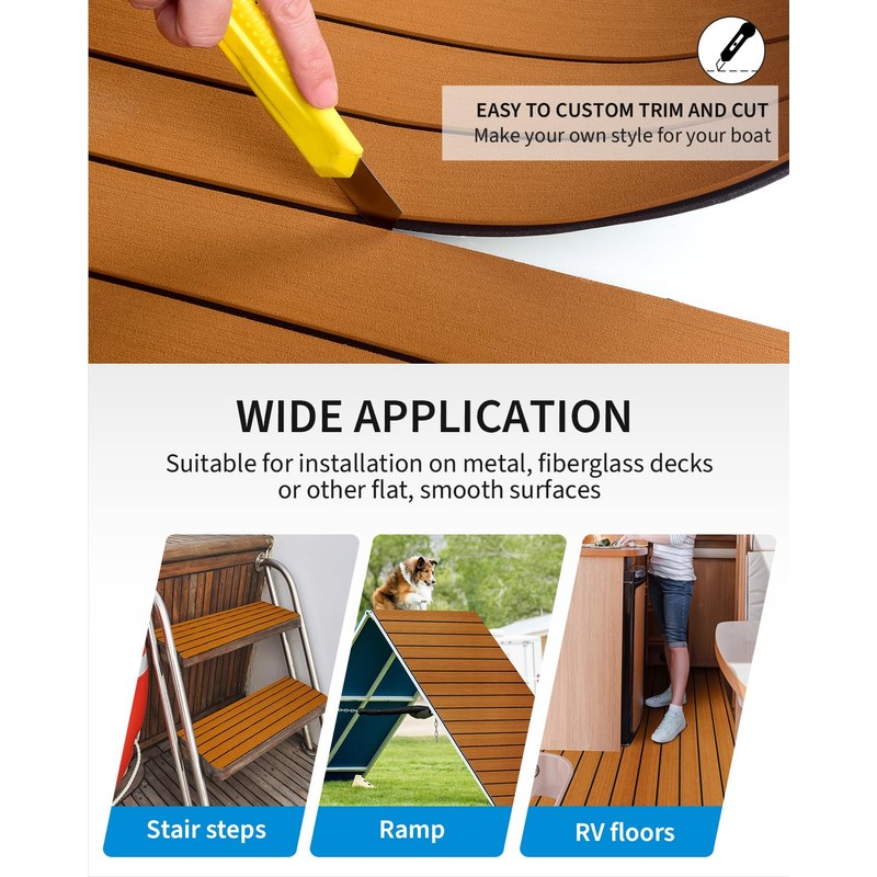 OCEANBROAD Boat Flooring EVA Foam Self-Adhesive 96''x45.6''/36''/28.8''/16.8'' Faux Teak Marine