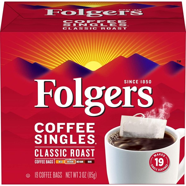 Folgers Coffee Singles Classic Roast Medium Roast Coffee, 19 Single Serve Coffee Bags
