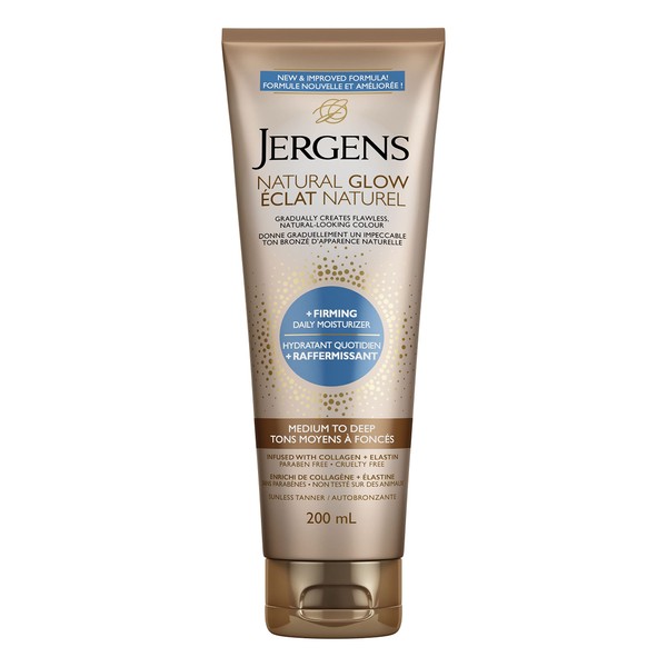 Jergens Natural Glow +Firming Daily Moisturizer & Gradual Sunless Self Tanning Body Lotion for Dry Skin, Medium to Deep Shade (200 mL)