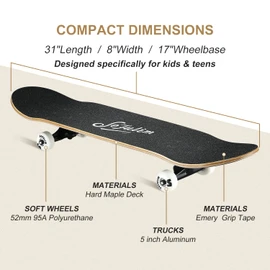 Sefulim 31 x 8 Inch Complete Skateboard 7 Layer Canadian Maple Double Kick Deck Concave Cruiser Trick Skateboard for Boys Girls Teens Adults Beginner