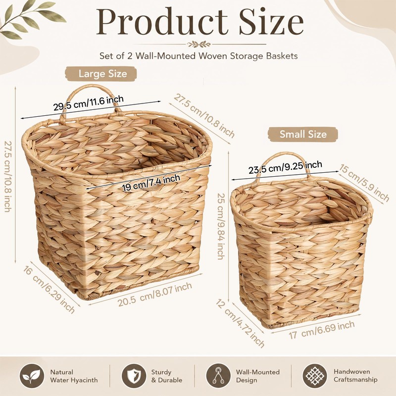 Set of 2 Woven Hanging Wall Basket for Organizing and
