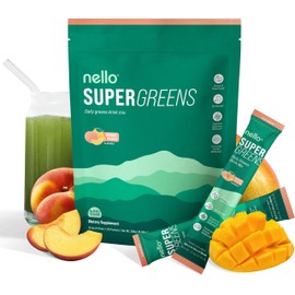 Nello Supergreens Premium Superfood Greens Drink Mix w/Chlorella, Moringa, Spinach & Broccoli + Digestive Enzymes & Probiotic Blend -Nutrient-Packed Powder Wellness (Mango Peach, 20 SRV, Travel Pack)