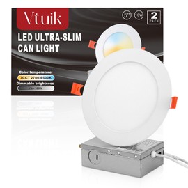 Vtuik 2 Pack 5 inch 10W LED Can Light Retrofit with Junction Box, 850lm/CRI85 Ultra Thin LED recessed Lighting 7CCT 2700K-6500K with a Simple Switch IC Rated, ETL Listed
