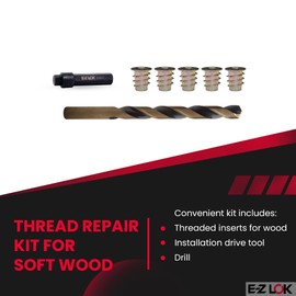 E-Z Hex Thread Repair Kit for Soft Wood Flanged Threaded Inserts 1/4-20 x 13mm, Drill, Installation Tool