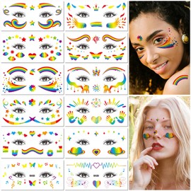12 Sheets Glitter Rainbow Temporary Tattoo Stickers for Face Waterproof Body Art for Women Adults Festival Party Makeup
