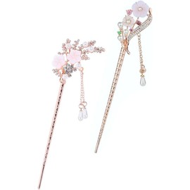 Hair Styling Accessories Rhinestone Pearl Hairs Stick Vintage Tassel Hair Pin Chignon Pin Chinese Hair Chopsticks Jewelry Accessories for Women, 2PCS Metal Chopsticks (Pink, One size)