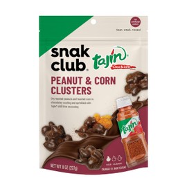 Snak Club Tajin Chocolatey Peanut and Corn Clusters, Chocolate Covered Dry Roasted Nuts and Toasted Corn Nuggets with Chili and Lime Seasoning, Mild, 8 oz Resealable Bag