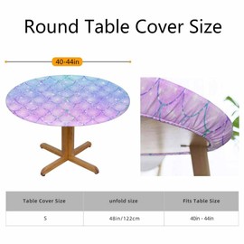 Guxxuil Mermaid Scales Round Fitted Tablecloth Pink Blue Glitters Line Watercolor Fish Scales Sea Elastic Edge Tablecloth Waterproof Oilcloth Table Cover for 40"-44"