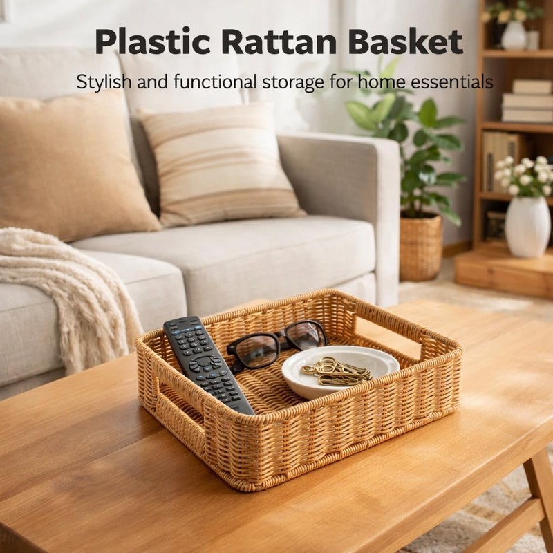 2 Pack Faux Rattan Serving Trays with Handles, Brown Plastic