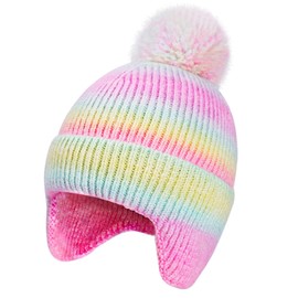 Cute Rainbow Pompom Beanie Hat with Earflap for Girls Winter Knit Warm Fleece Lined Hats Outdoor Skull Snow Ski Caps
