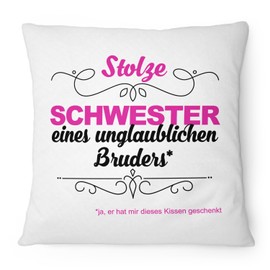 Fashionalarm "Stolze Schwester - unglaublicher Bruder" Cushion with Filling, 40 x 40 cm with Filling, Birthday Gift Idea for Siblings, Children, Child Saying, Colour: White