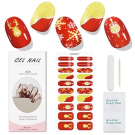 JMEOWIO Gel Nail Stickers Christmas Snowflake Glitter Red Semi Cured Gel Nail Strips Wraps UV/LED Nail Supplies Nail Art Design Decoration Accessories