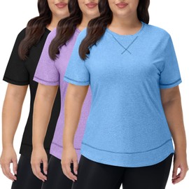 Coume 3 Pack Women's Plus Size Workout Tops Short Sleeve Loose Fit Crew Neck Shirts Quick Dry Gym Clothes(Black/Purple/Blue,XL)