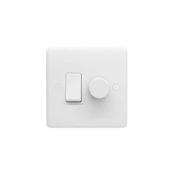 Lieber Silk White Dimmer and Rocker Wall Light Switch Combo (2 gang, 2 Way Switch & Trailing Dimmer) suitable for LED, Incandescent and Halogen Bulbs | Soft-Start and Flicker Free Technology