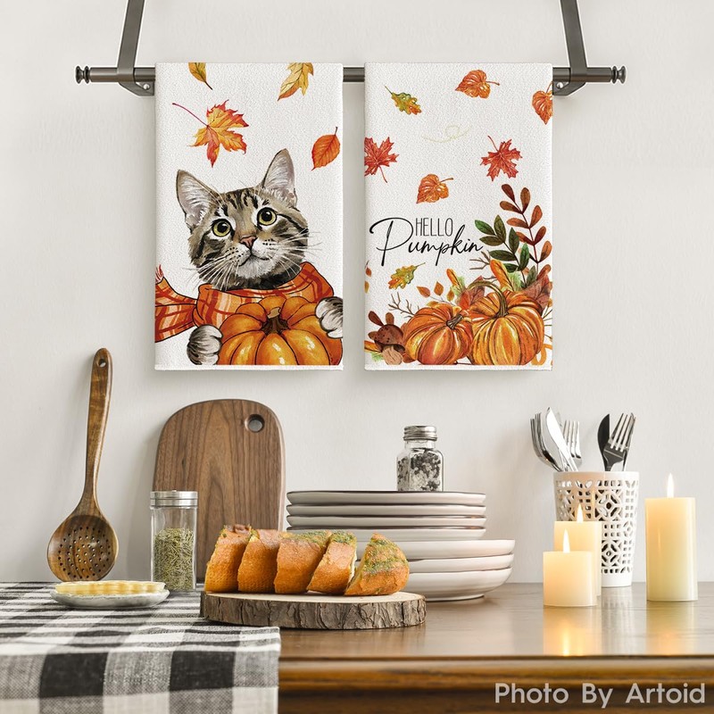 Artoid Mode Cat Leaves Hello Pumpkin Autumn Dish Towels 42x65