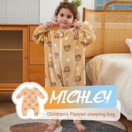 MICHLEY Flannel Baby Sleeping Bag Unisex Pajamas, Long Sleeve Zipper Wearable Sleeping Sack with Legs for Autumn Winter,Brownbear,9-18months, Size 80