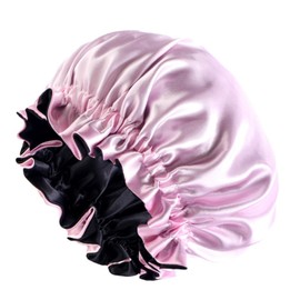 Women Shower Cap Nightcap Sleep Hat Contrasting Color Satin Hair Bonnet Adjustable Double-Sided Beauty Care Cap(Pink+Black, One Size)