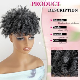 Mayouda Short Omber Grey Headband Wig for Black Women with Bangs Head-Wrap Wigs 2 in 1 Ombre Afro Puff Wig Synthetic Half Wigs (Heibu-Grey)