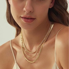 Auriselle Layering Women's Necklace, 18 K Gold-Plated Moon/Blade Chain, Twist/Twist/Snake Bone Chain, Shiny Titanium Steel, Can Be Worn Separately, Adjustable Jewellery, Girls, Golden, Alloys