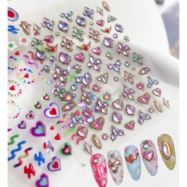 Jelly Nail Stickers Aurora Hearts Colorful Flowers Cute Lines Laser Nail Art Stickers 5D Embossed Self-adhesive Nail Stickers for Nail Art Decoration (2 Sheets) + Nail Tweezers (1 PC)