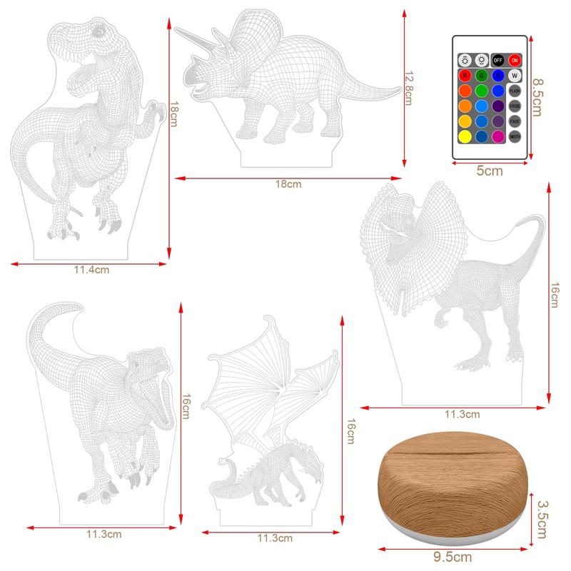 YATOSEEN Dinosaur 3D Illusion Lamp, Dinosaur Night Lights with 16