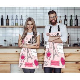 Wondertify Doodle Frames in French Style Apron,Paris Glamorous Eiffel Tower Lovely Element Pink Bib Apron with Adjustable Neck for Men Women,Suitable for Kitchen Cooking Chef Grill Bistro Baking Apron