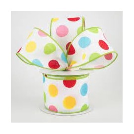 Polka Dot Wired Ribbon - 2.5 Inches x 10 Yards - Turquoise Yellow Pink Red White