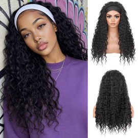 Curly Headband Wig - Deep Wave & Water Wave Headband Wigs for Black Women,Glueless Wear & Go Synthetic Wigs, Trendy Curly Waves, Easy Styling for Natural Beauty & Quick Transformation(#1B, 20in)