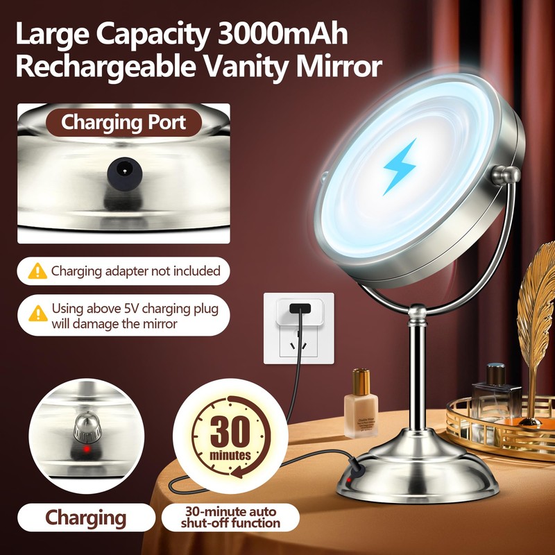 20x Large Lighted Makeup Mirror, Rechargeable 8.6" Magnifying Makeup Mirror,