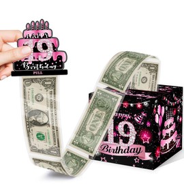 Birthday Money Box for Cash Gift, 19 Years Old Surprise Box Explosion Gift for Women Men Pull, 19th Birthday Money Gift Ideas, Pink Birthday Party Decor -Included 35 Bags