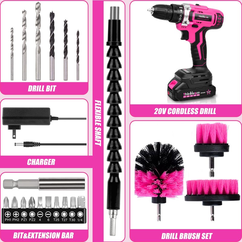 20V Pink Cordless Drill Set - Power Drill/Driver Kit with