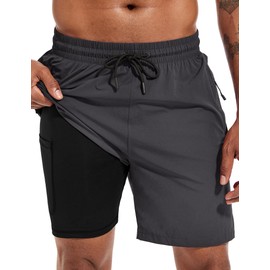 Atforna Men's Long 2-in-1 Swimming Shorts with Compression Quick-Drying Breathable Swim Shorts with Zip Pocket Adjustable Drawstring, dark grey