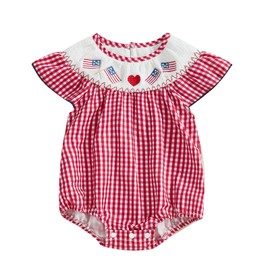 Lenjindjer Infant Baby Girl 4th Of July Outfit Plaid Smocked Flutter Sleeve Bubble Romper Flag Embroidered Summer Bodysuit (Red, 6-12 Months)