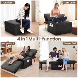 SEJOV Convertible Sofa Bed, 4 in 1 Multi-Function Folding Ottoman Breathable Linen Couch Bed w/Adjustable Backrest & Pillow, Modern Pull Out Sleeper Chair for Living Room Apartment Office, Black