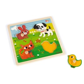 Janod Tast-Puzzle aus Holz, Meine ersten Tiere, 4 Teile, Kinder-Puzzle mit Knöpfen, Lern- und Tastspiel, Tastsinn, Feinmotorik und Konzentration, ab 12 Monaten, J07080
