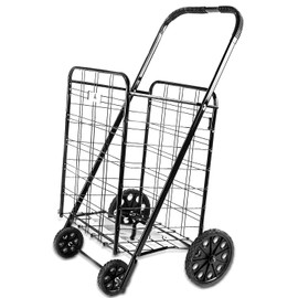 ATH Large Deluxe Rolling Utility / Shopping Cart - Stowable Folding Heavy Duty Cart with Rubber Wheels For Haul Laundry, Groceries, Toys, Sports Equipment, (Black, XL)