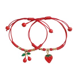 POYAMUSE Lovely Cherry and Strawberry Strand Bracelet Set - Sweet Red Fruit Accessory String Bracelet for Women-2pcs