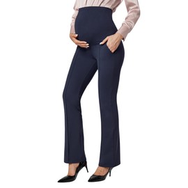 IUGA Soft Maternity Pants Over The Belly with Pockets Stretchy Maternity Clothes for Work Pregnancy Flare Maternity Leggings Dark Blue