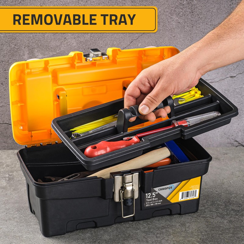 CANOPUS Plastic Toolbox, 12.5-inch Portable Tool Box with Metallic Clutch,