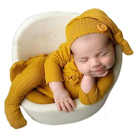 Fashion Newborn Boys Girls Baby Photo Shoot Props Outfits Crochet Clothes Long Tail Hat Pants Photography Props (turmeric)