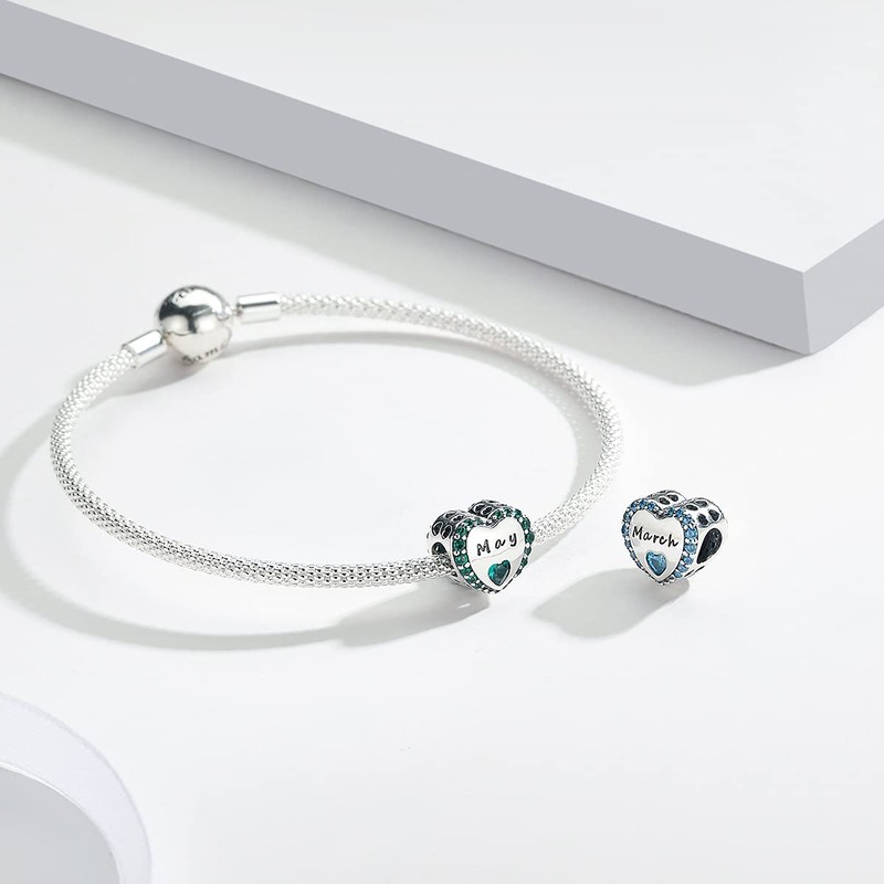 TIZU Birthstone Charms, Heart Charm Pendant, Silver 925 Bead Charms,