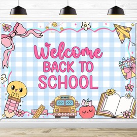 Welcome Back to School Backdrop Banner Large Size First Day of School Backdrop Photo Booth Props Coquette Happy First Day of School Classroom School Home Yard Decorations Background, 7 * 5Ft