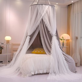 HUOQOU Double Layer Princess Round Dome Canopy Bed Curtain for Girls Adults Children Dreamy Mosquito Net Cute Bedroom Decoration Castle Play Tent Reading Corner (Grey/White)