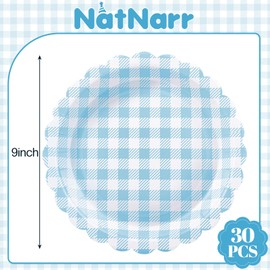 NatNarr 30 Pcs Light Blue Gingham Plates, 9 Inch Scalloped Plaid Camping Dessert Dinner Party Plates Blue and White Gingham Party Supplies for Boy Baby Shower, Wedding, Birthday