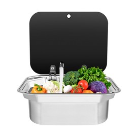 PIAOCAIYIN Kitchen RV Sink, Stainless Steel Camper Sink with Lid And Faucet Kit, Hand Wash Basin w/Hot & Cold Taps, 17" Drop-In Portable Sink for RV Caravan Boat Camper