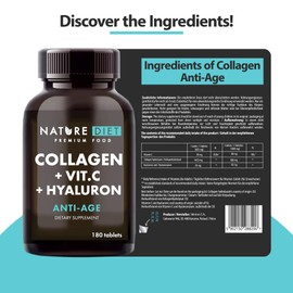 Nature Diet - Collagen with Hyaluronic Acid and Vitamin C, 180 Tablets, 500 mg , Anti Ageing , Hydrolyzed Collagen