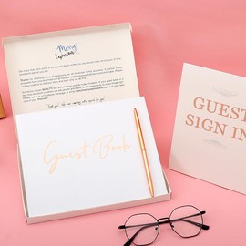 RUIFUNETEK 3 Pcs Hard Cover Wedding Guest Book Set Including White Romantic Wedding Guest Signature Book, Guest Sign In Table Card and Rose Gold Ballpoint Pen for Wedding, Reception, Special Events