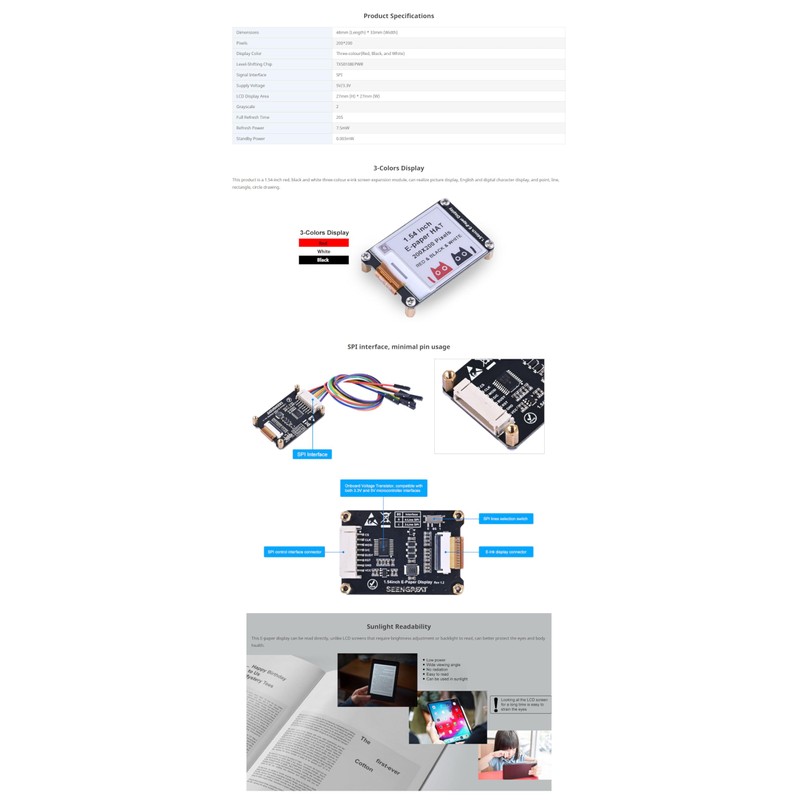 SeenGreat 1.54 Inch E-Ink Display Three Colour E-Paper Screen for