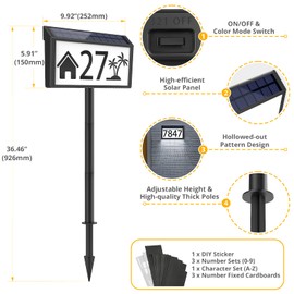 MAXvolador Solar Powered Address Sign House Numbers Waterproof, 3-Color Lighting Modes LED Illuminated Address Plaque with Stakes, Outdoor Address Number